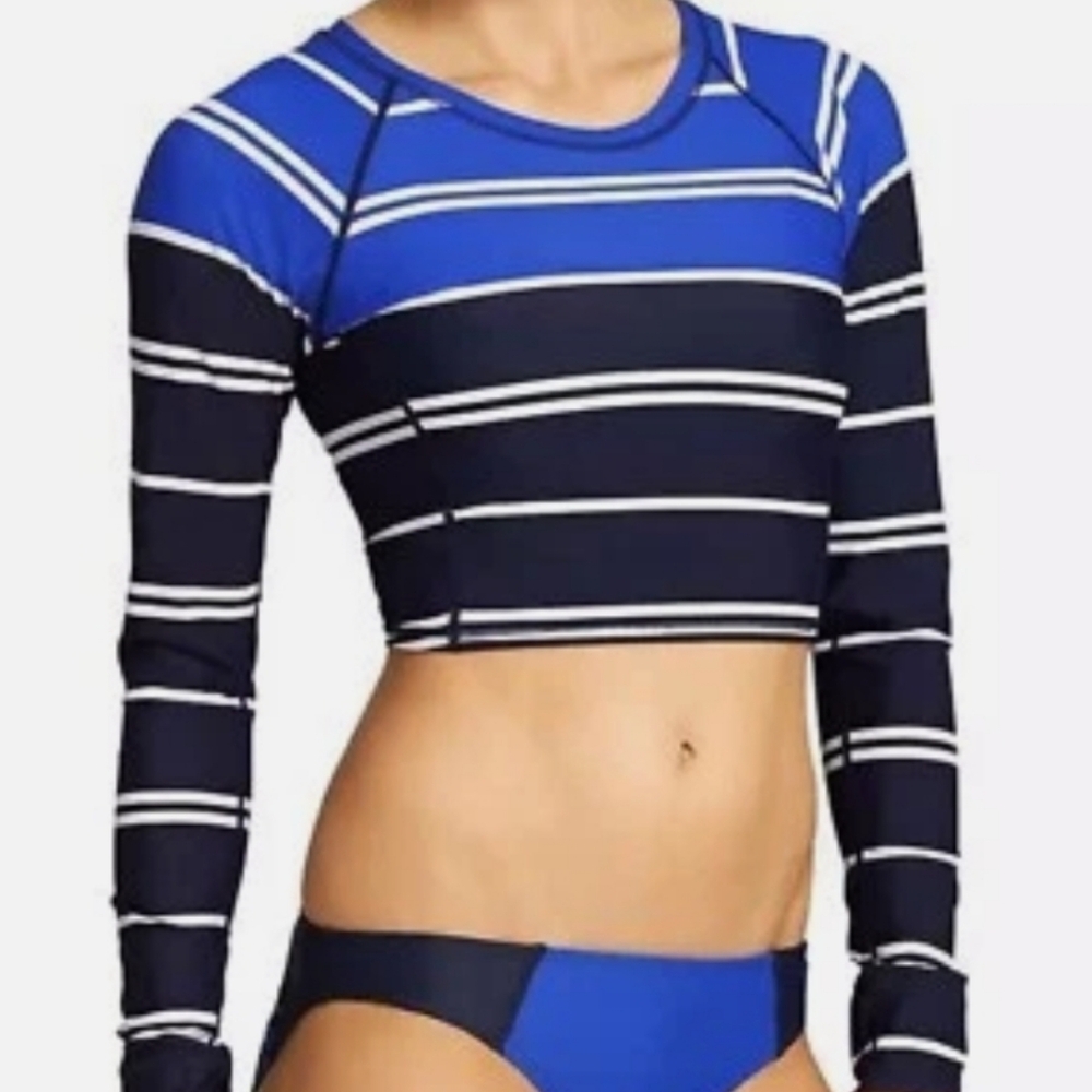 Athleta Navy and White Striped Rashguard Top